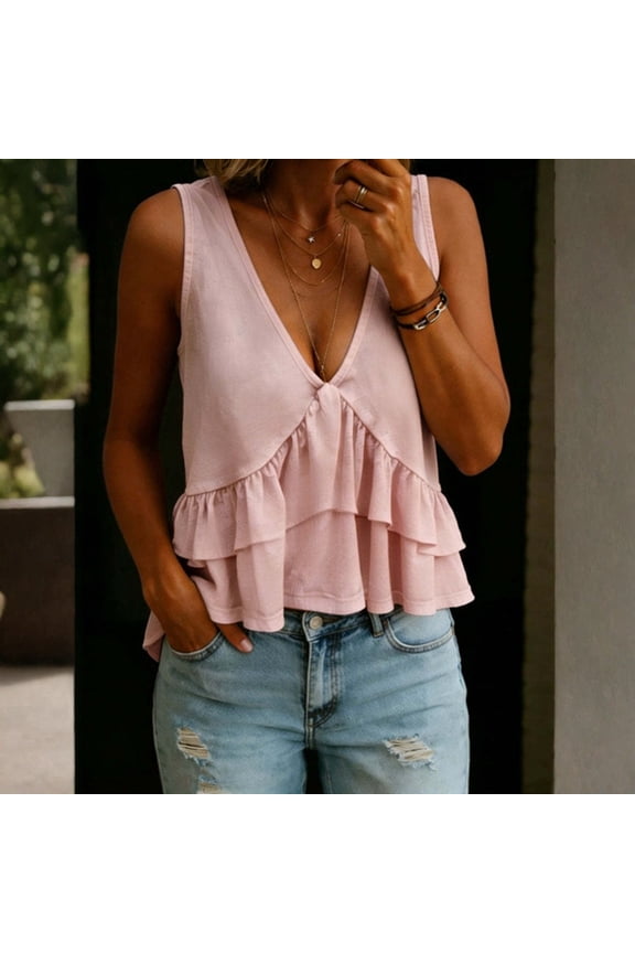 Women's V Neck Ruffle Cap Sleeve Blouse Cute Flared Hem Babydoll Peplum Tops Pink 3XL