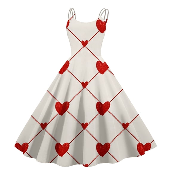 ASDFVBKG Women's Valentine's Day Dresses Round Neck Strap Sleeveless A-Line Valentine's Day Gift Dresses Cute Heart Print Flowy Mesh Dressy Comfy Cocktail Party Dress Beige 2XL