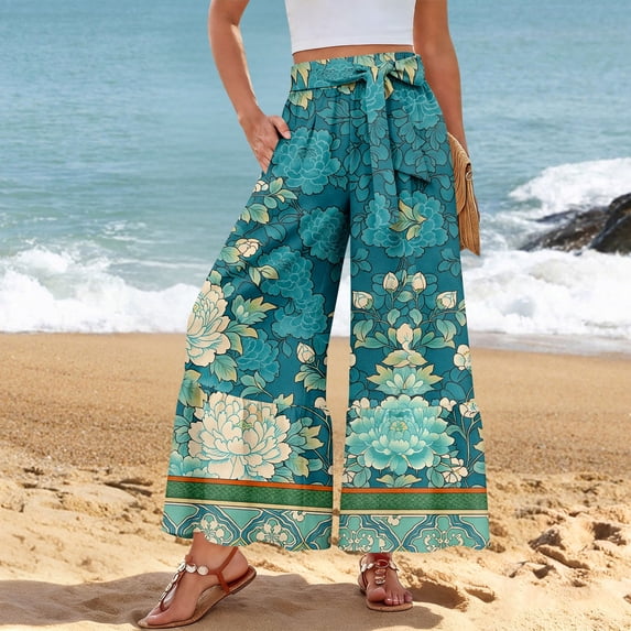 ASDFVBKG Women's Wide Leg Flowy Pants High Waisted Palazzo Boho Pants Summer Casual Vacation Fall Clothes Turquoise 2XL