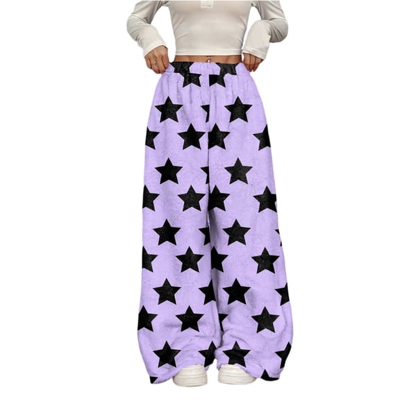 ASDFVBKG Women's Wide Leg Pajama Pants Baggy Elastic Waist Casual Pants Loose Comfy Fuzzy Cute Star Print Trousers 2025 Fall Winter Warm Fleece Lounge Pj Bottoms Light Purple S