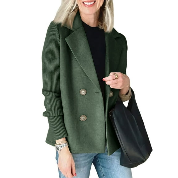 ASDFVBKG Women's Winter Loose Fit Wool Coat Comfortable Notched Collar Patchwork Spliced Knit Long Sleeve Double Breasted Peacoat Button Fashion Winter Blazer Jacket Outerwear Green XL