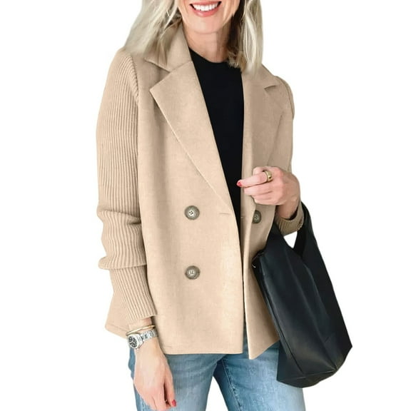 ASDFVBKG Women's Winter Loose Fit Wool Coat Warm Notched Collar Patchwork Spliced Knit Long Sleeve Double Breasted Pea Coat Oversized Button Down Dressy Winter Blazer Jacket Overcoat Khaki XL