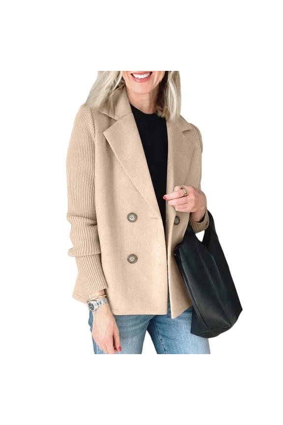Women's Winter Loose Fit Wool Coat Warm Notched Collar Patchwork Spliced Knit Long Sleeve Double Breasted Pea Coat Oversized Button Down Dressy Winter Blazer Jacket Overcoat Khaki XL