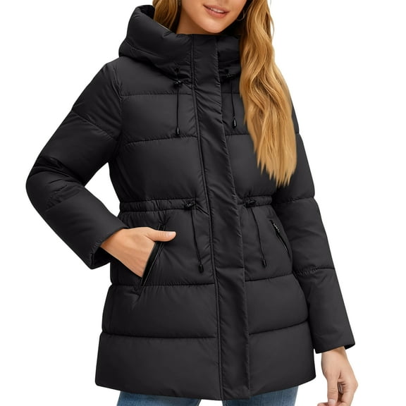 ASDFVBKG Women’s Winter Mid-length Puffer Jacket Hooded Quilted Cotton Long Sleeve Thermal Drawstring waist Standing Collar Zipper Jacket Casual Loose Solid Winter Outerwear with Pocket Black M