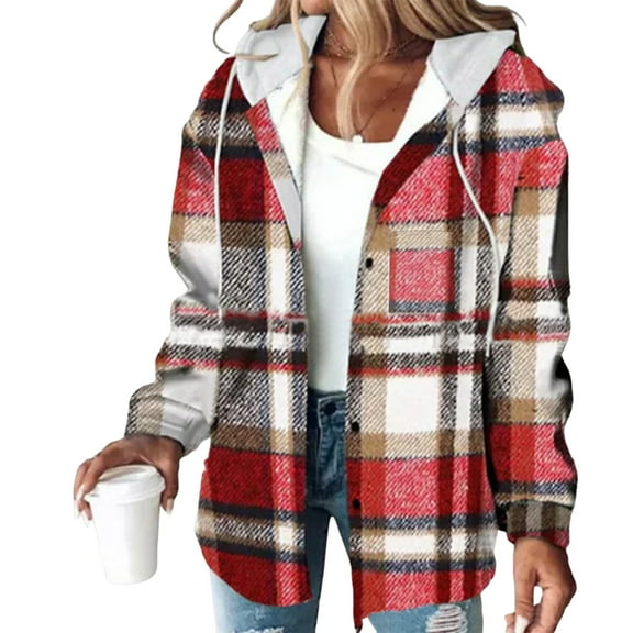 ASDFVBKG Women's Winter Shacket Lined Flannel Jacket Button Up Hooded Long Sleeve Fleece Lined Plaid Thicken Jacket Loose Fit Drawstring Tunic Warm Winter Hoodie Outerwear with Pockets Vermilion S