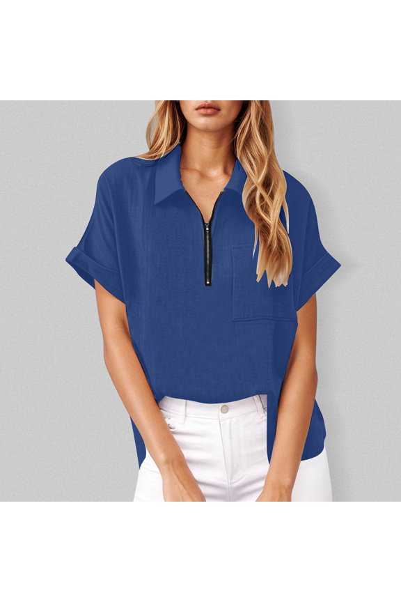 Women's Zip Front V-Neck Short Sleeve Work Casual Top Blouse Shirt Blue 2XL