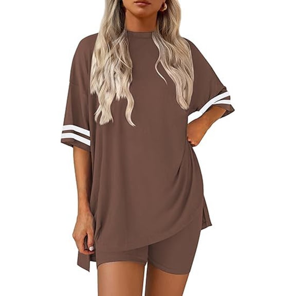 ASDFVBKG Womens 2 Piece Lounge Sets Summer Crewneck Short Sleeve Shirts Shorts Sets Dressy Relaxed Fit Sweatsuit Loose Matching Outfits Coffee 3XL