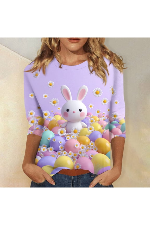 Womens 3/4 Sleeve Crewneck Easter T-Shirts Dressy Bunny Rabbit Eggs Graphic Blouse Lounge Loose Fit Soft Tee Tops Purple S