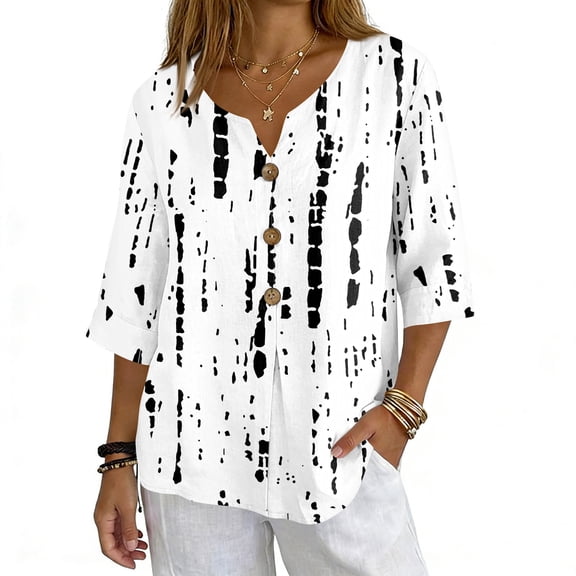 ASDFVBKG Womens 3/4 Sleeve Tops Soft V Neck Cotton Linen Button Down Shirts Floral Printed Relaxed Fit Loose Fit Blouse Tops Multicolor 2XL