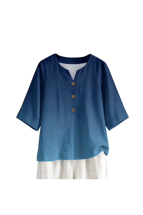 Womens 3/4 Sleeve V Neck Cotton Linen Shirts Fashion Gardient Blouse Relaxed Fit Loose Cozy Tee Tops Royal Blue 2XL
