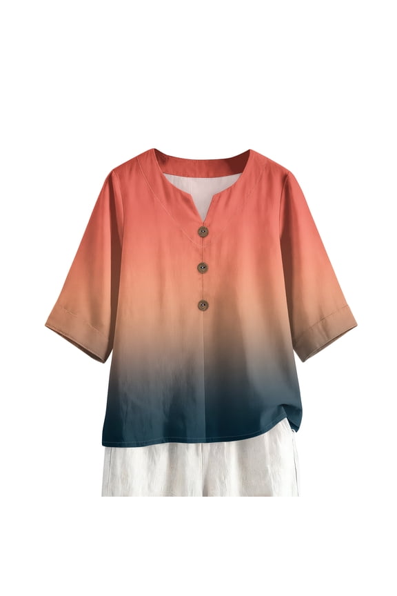 Womens 3/4 Sleeve V Neck Cotton Linen Shirts Fashion Gardient Tops Relaxed Fit Loose Soft Tee Tops Orange M