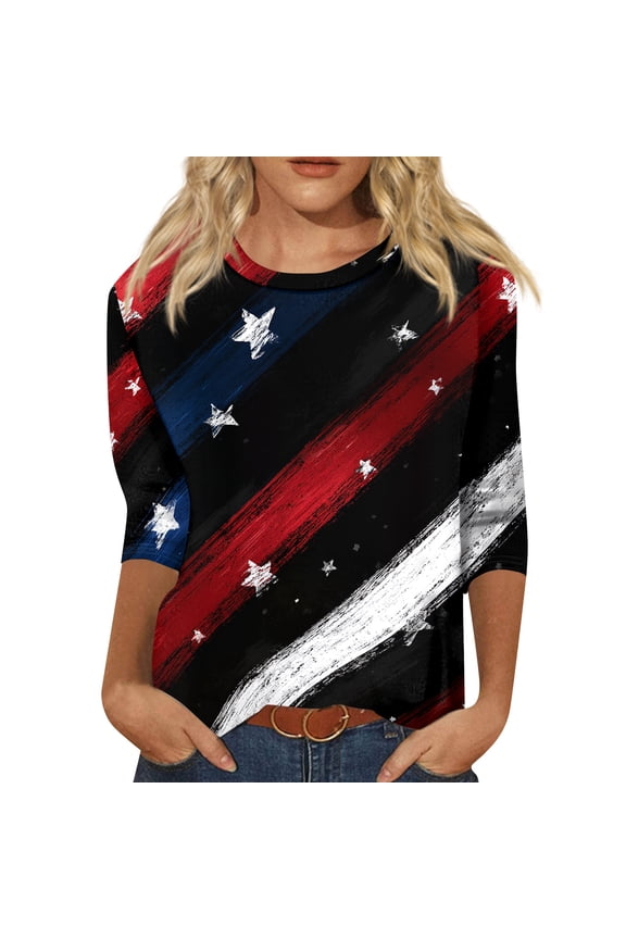 Womens American Flag Shirt American Flag 1776 Tee 4th Of July Memorial Day Blouse Crewneck Tops Black XL