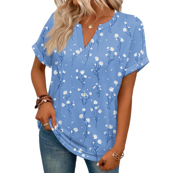 ASDFVBKG Womens Blouses Comfortable Short Sleeve V-Neck Shirts Fashion Floral Print Relaxed Fit Loose Clothing Dark Blue XL