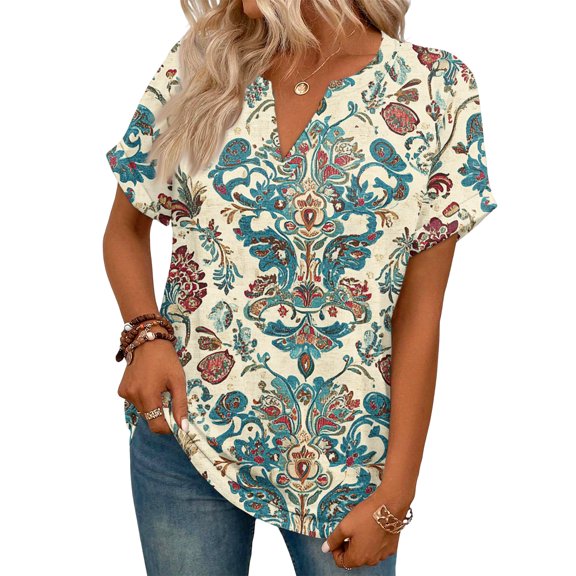 ASDFVBKG Womens Blouses Comfy Short Sleeve V-Neck Tee Tops Fashion Floral Print Vacation Loose Outfits Yellow S