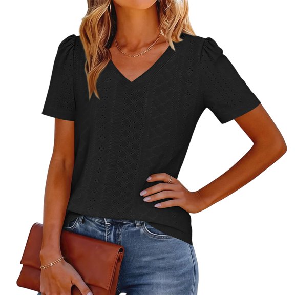 ASDFVBKG Womens Blouses Spring Tops Comfortable Short Sleeve Eyelet V-Neck Shirts Fashion Solid Relaxed Fit Loose Fit Clothing Black M