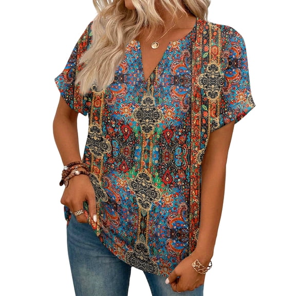 ASDFVBKG Womens Blouses Spring Tops Comfortable Short Sleeve V-Neck Shirts Trendy Floral Print Casual Loose Fit Clothing Vermilion M