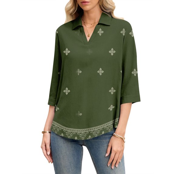 ASDFVBKG Womens Blouses Spring Tops Cozy 3/4 Length Sleeve V-Neck Collared T Shirts Trendy Retro Floral Printed Relaxed Fit Loose Clothing Dark Green XL