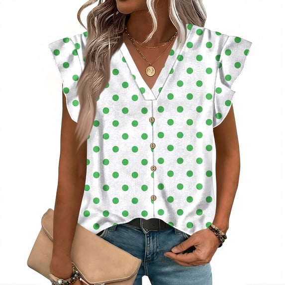 ASDFVBKG Womens Blouses Spring Tops Cozy Ruffle Trim Sleeveless V Neck Blouses Fashion Dot Pattern Relaxed Fit Loose Outfits Mint Green M