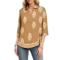 thumbnail image 1 of ASDFVBKG Womens Blouses Spring Tops Soft 3/4 Length Sleeve V-Neck Collared Blouse Fashion Retro Floral Printed Vacation Loose Fit Outfits Light Brown 2XL, 1 of 4