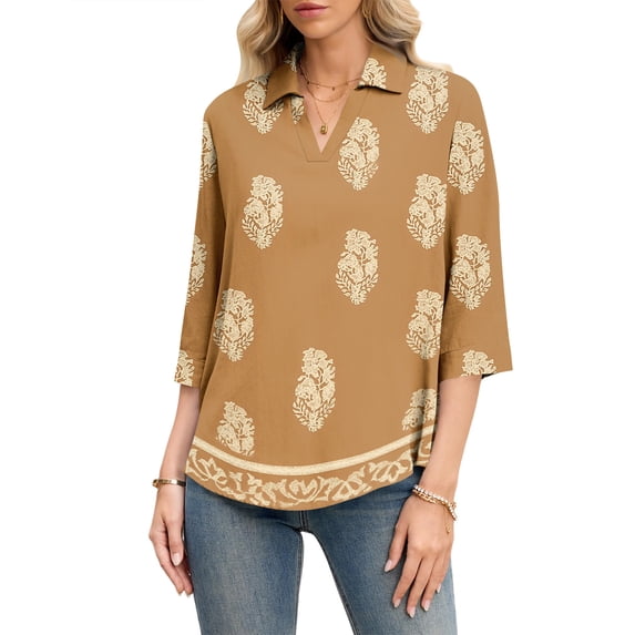 ASDFVBKG Womens Blouses Spring Tops Soft 3/4 Length Sleeve V-Neck Collared Blouse Fashion Retro Floral Printed Vacation Loose Fit Outfits Light Brown 2XL