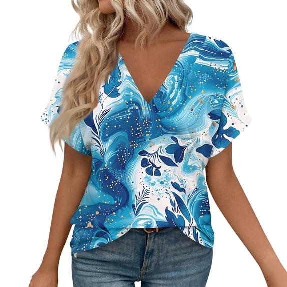 ASDFVBKG Womens Blouses Spring Tops Soft Short Sleeve V-Neck Tee Tops Dressy Solid Vacation Loose Fit Outfits Clothes Blue 2XL