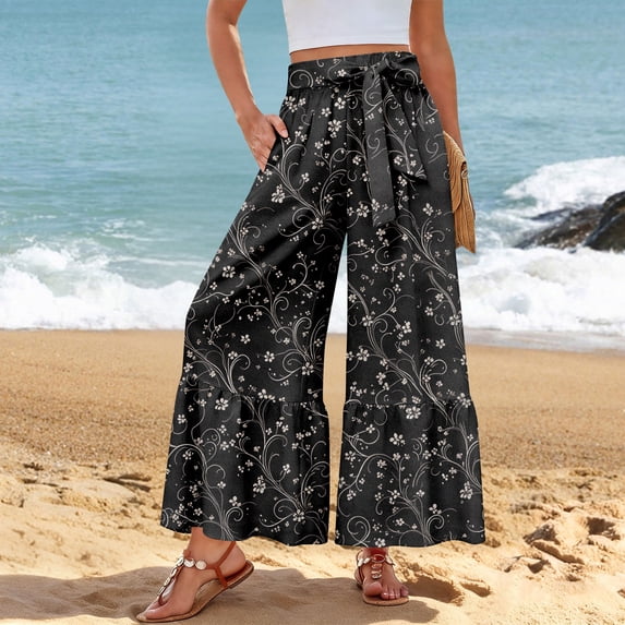 ASDFVBKG Womens Capri Pants Elastic Waisted Drawstring Wide Leg Dressy Pants Summer Beach Pockets Cropped Trousers Dark Gray 2XL