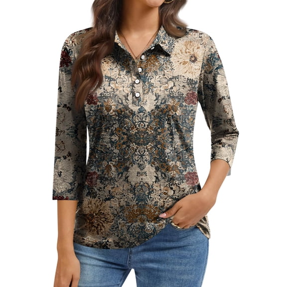 ASDFVBKG Womens Casual Blouse Comfortable 3/4 Length Sleeve Trendy Button Down Tee Shirts Collared Tunic Vintage Pattern Vacation Loose Blouse Coffee S