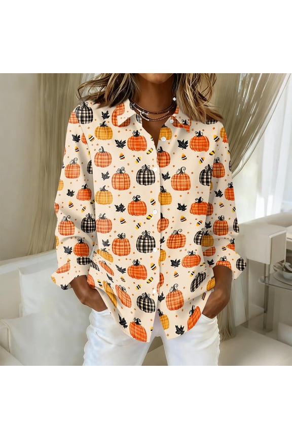 Womens Collared Long Sleeve Button Down Blouse Halloween Pumpkins Skull Graphic Relaxed Fit Tops Beige M