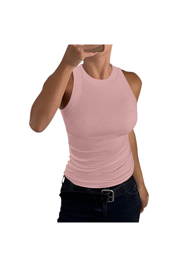 Womens Crew Neck Double Lined Sleeveless Tank Tops Summer Casual Basic Trendy Going Out Clothes Pink 2XL