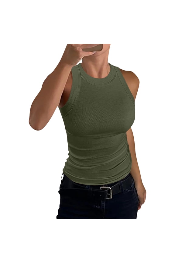 Womens Crew Neck Double Lined Sleeveless Tank Tops Summer Dressy Casual Work Workout Going Out Blouses Green XL