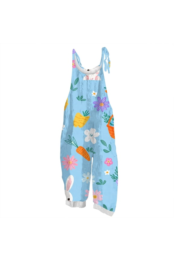 Womens Easter Jumpsuit Plus Size Colored Eggs Print Wide Leg One Piece Jumpsuit Loose Fit Trendy Clothes Onesie with Pocket Overalls Blue XL