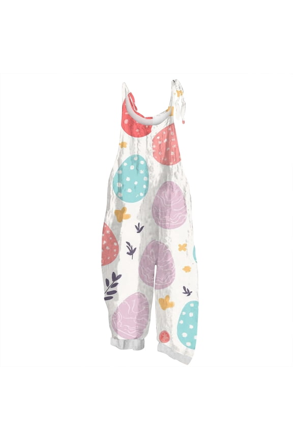 Womens Easter Jumpsuit Plus Size Colored Eggs Print Wide Leg One Piece Jumpsuits Loose Fit Fashion Clothes with Pockets Overalls Multicolor M