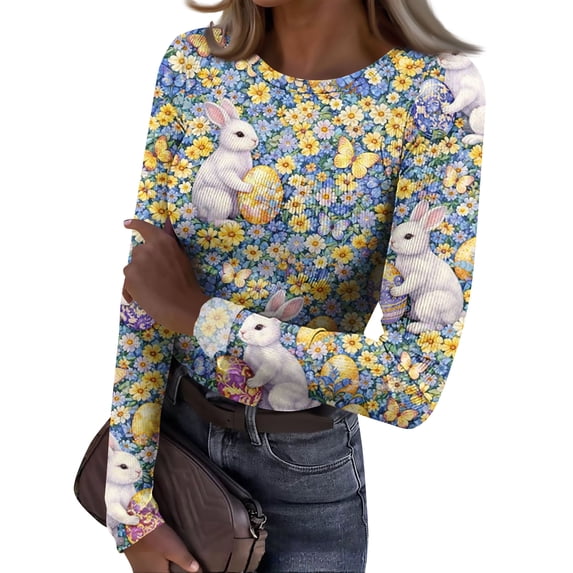 ASDFVBKG Womens Easter Tops Fashion Crew Neck Basic Long Sleeve Rib Fitted Pullover Ribbed Bunny Floral Printed Comfortable Outfits Clothing Blue M