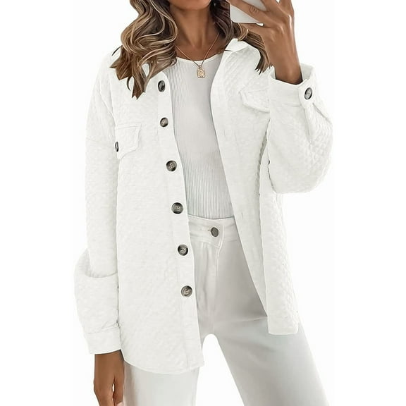 ASDFVBKG Womens Fall Jackets Long Sleeve Collared Button Down Jacket with Pockets Lightweight Tendy Shacket Coat Solid Casual Outerwear White M