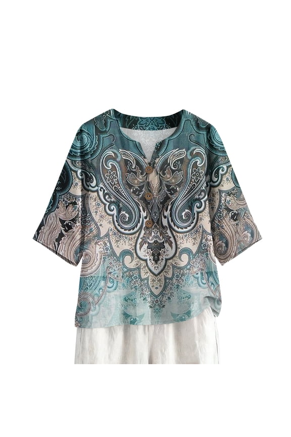 Womens Fall Shirts V-Neck 3/4 Length Sleeve Shirts Fashion Retro Floral Print Top Relaxed Fit Loose Cozy Tee Tops Blue L