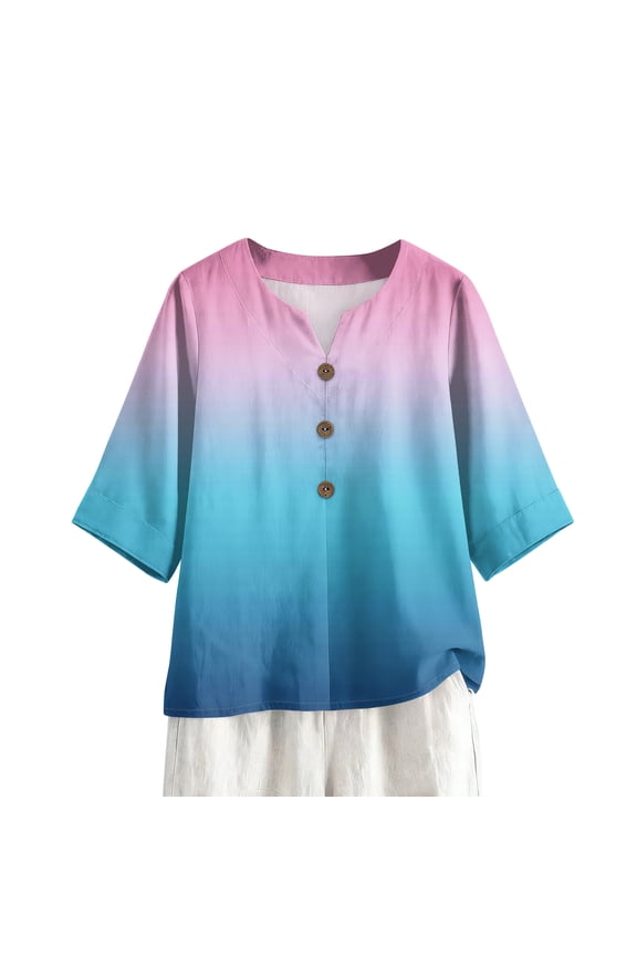 Womens Fall Shirts V-Neck 3/4 Length Sleeve T-Shirts Trendy Gardient Blouse Vacation Loose Fit Cozy Tee Tops Sky Blue S
