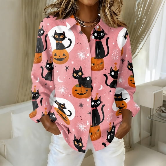 ASDFVBKG Womens Halloween Graphic Long Sleeve Blouse Button Down Pumpkins Skull Pattern Casual Office Weekend Tops Pink 3XL