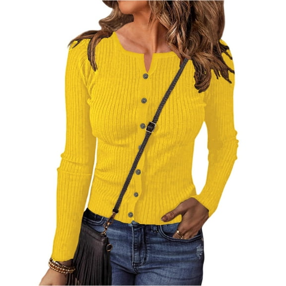 ASDFVBKG Womens Lightweight Fitted Sweaters Henley Long Sleeve Ribbed Knit Button Cardigan Fitted Fall Sweaters Solid Tunic Top Yellow L