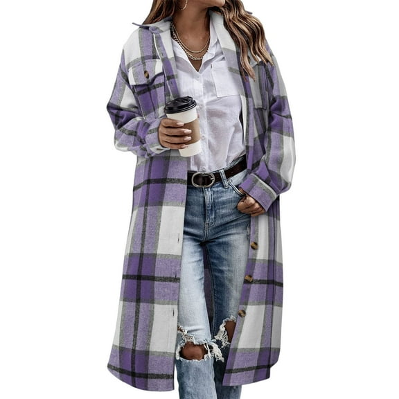 ASDFVBKG Womens Lightweight Long Plaid Jacket Button Up Comfortable Lapel Long Sleeve Jacket Fashion Loose Coats Winter Overcoat with Pockets Purple XL