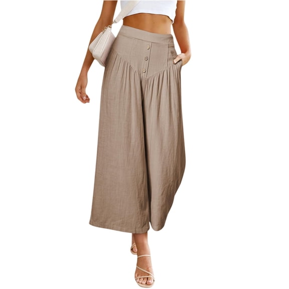 ASDFVBKG Womens Linen Skirt Pants Comfortable Wide Leg Elastic Waist Palazzo Trendy Pants Casual Baggy Summer Beach Trousers with Pockets Camel S