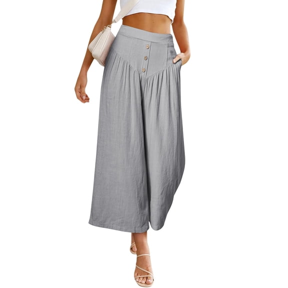 ASDFVBKG Womens Linen Skirt Pants Cozy Wide Leg Elastic Waist Palazzo Fashion Pants Vacation Loose Fit Summer Trousers with Pockets Gray XL