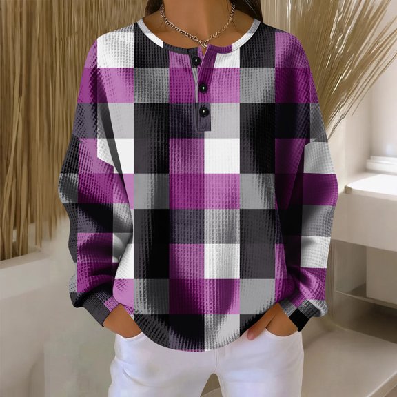 ASDFVBKG Womens Long Sleeve Henley Shirts Casual Plaid Printed Blouse Button Oversized Waffle Pullover Soft Trendy Tshirt Fall Winter Tunics Top Purple M