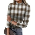 thumbnail image 1 of ASDFVBKG Womens Long Sleeve Shirts Mock Neck Soft Base Layer Shirts Checkered Striped Print Tunic Trendy Tops Casual Slim Fit Relaxed Fit Outfits Clothes Brown L, 1 of 4