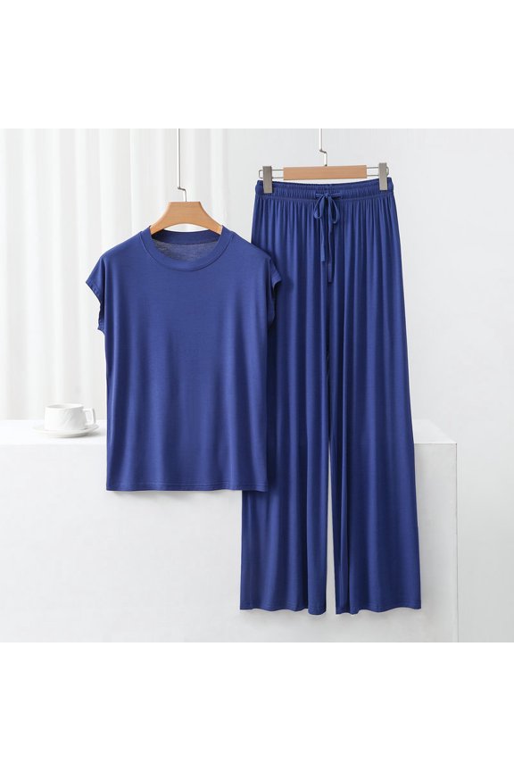 Womens Lounge Sets Cap Sleeve Tops Lounge Drawstring Wide Leg Pant Solid Color Loose Outfits Fashion Fall Tracksuit with Pockets Blue XL