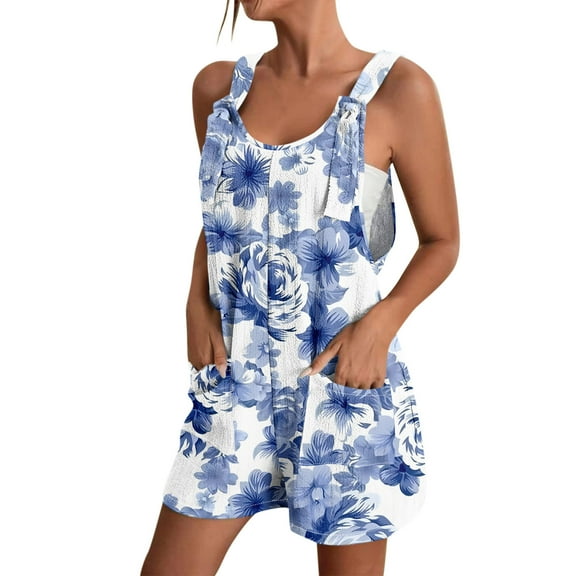 ASDFVBKG Womens Overalls Shorts Loose Sleeveless Shorts Jumpers Wide Leg with Pockets Plus Size Summer Rompers Suspenders Blue S