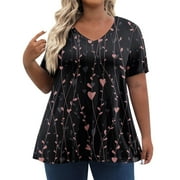 ASDFVBKG Womens Plus Size Summer Tops Fashion Womens Size 4x Tops V Neck Women Plus Sizes Short Sleeve Blouse Floral Print Dressy Casual Tee Shirts Loose Fit Summer Outfits Black 5XL