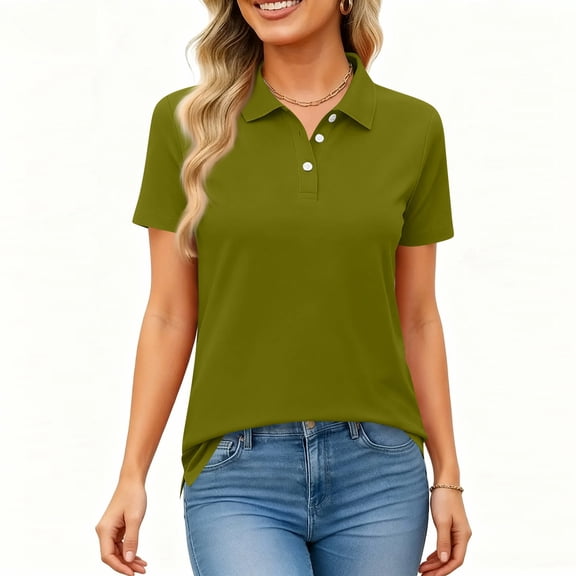ASDFVBKG Womens Polo Shirts Comfortable Short Sleeve Fashion Collared Relaxed Fit Loose Button Summer Shirts Solid Color Top for Women Army Green XL