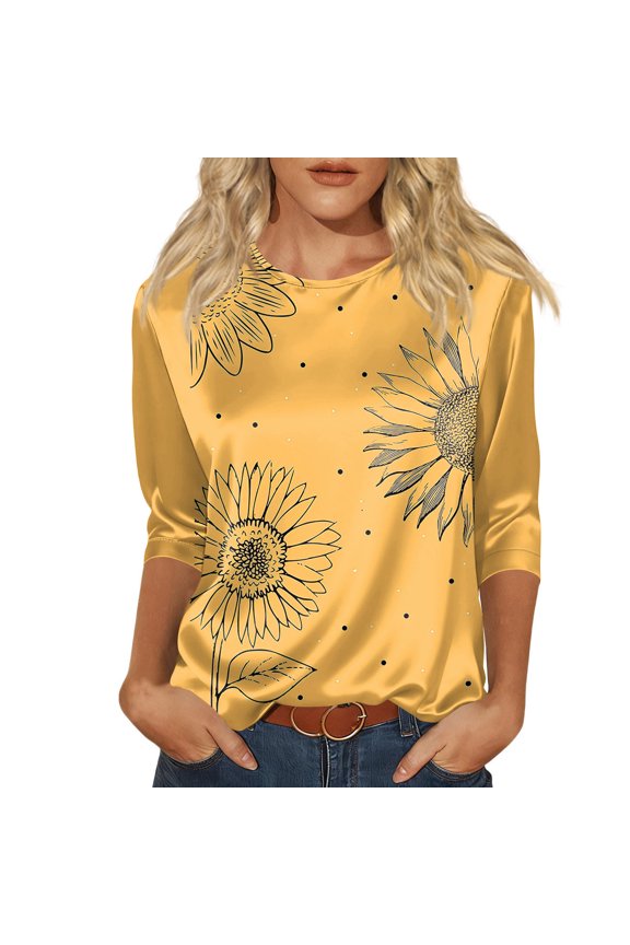 Womens Satin 3/4 Sleeve Tops Comfy Crew Neck Silk Fashion Tees Floral Print Relaxed Fit Loose Blouse Yellow XL