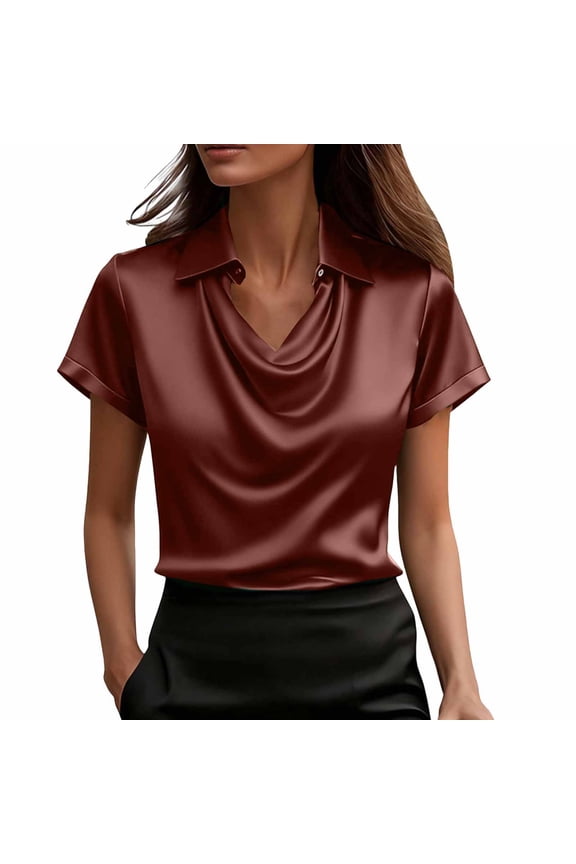 Womens Satin Silk Blouse Spring Casual V Neck Shirts Elegant Short Sleeve Blouse Business Silk Tops Red 2XL