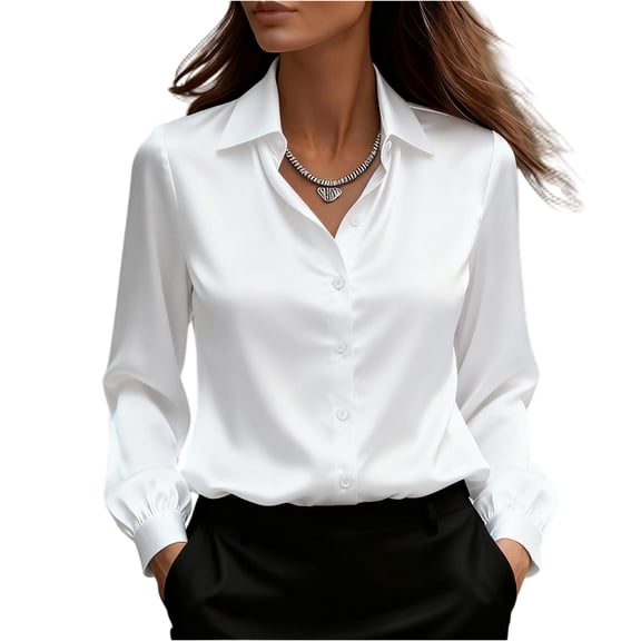 ASDFVBKG Womens Satin Silk Blouse Summer Casual V Neck Shirt Dressy Long Sleeve Blouse Business Trendy Silky Tops White M
